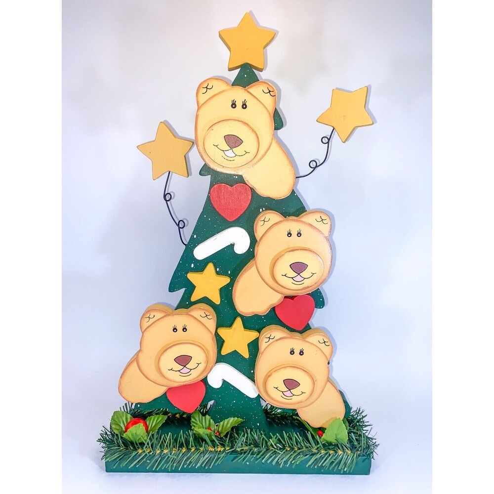 Christmas Wooden 16" Tree with Teddy Bear Star Ornament Primitive Table Top